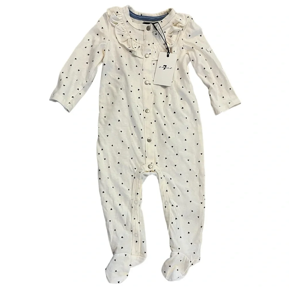 NWT 7 For All Mankind • Hearts Ruffle Footie One Piece - 6-9 mos - Picture 1 of 8